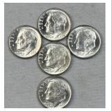 (5) 1964-D Silver Roosevelt Dimes, BU from Roll