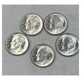 (5) 1964-D Silver Roosevelt Dimes, BU from Roll