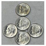 (5) 1964-D Silver Roosevelt Dimes, BU from Roll