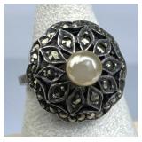 925 Silver Vtg. Central Faux Pearl Marcasite Clust
