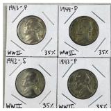 (4) 1942-44 Silver WWII Era War Nickels, F-VF