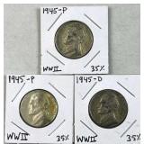 (3) 1945-P&D Silver WWII Era War Nickels, F-VF