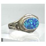 925 Silver Blue Opal Open Greek Key Ring