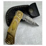 Damascus Steel Folding Blade Knife w/ Sheath