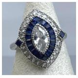 925 Silver Marquise Blue Spinel  Art Deco Ring