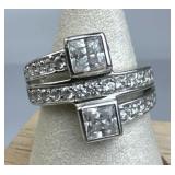 925 Silver Vtg 2 Princess-Cut Round CZ Bypass Ring