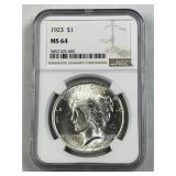 1923 Peace Silver Dollar, NGC MS64 Graded