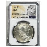 1922 Peace Silver Dollar, NGC MS63 100th Anniv.