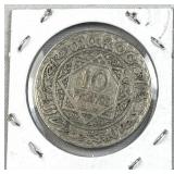 1929-34 Silver Morocco 10 Francs Coin, VF
