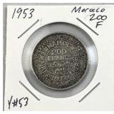1953 Silver Morocco 200 Francs Coin, VF
