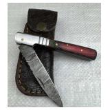 Damascus Steel Folding Blade Knife w/ Sheath