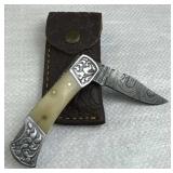 Damascus Steel Folding Blade Knife w/ Sheath
