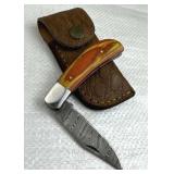 Damascus Steel Folding Blade Knife w/ Sheath
