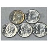 (5) 1964-D Silver Roosevelt Dimes, BU from Roll
