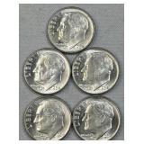 (5) 1964-D Silver Roosevelt Dimes, BU from Roll