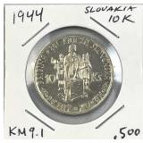 1944 Silver Slovakia 10 Korun Coin, UNC WWII