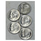 (5) 1964-D Silver Roosevelt Dimes, BU from Roll