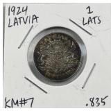 1924 Silver Latvia 1 Lats Coin .835
