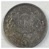 1929 Silver Latvia 5 Lati .835 VF+, Toned (Lg)
