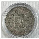 1874 Silver Beglium 5 Francs .900 Leopold II (Lg)