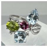 925 Silver Sky Blue, Pink, White Topaz Peridot Rin