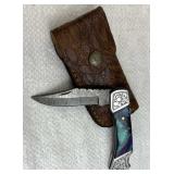 Damascus Steel Folding Blade Knife w/ Sheath