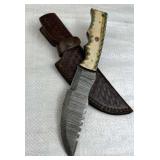 Lg Damascus Steel Fixed Blade Knife w/ Sheath