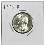 1964-D BU Silver Washington Quarter, US 90%