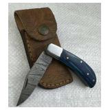 Damascus Steel Folding Blade Knife w/ Sheath