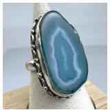 925 Silver Seafoam  Agate Slice Elongated Ring