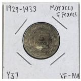 1929-33 Silver Morocco 5 Francs Coin, XF-AU
