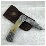 Damascus Steel Folding Blade Knife w/ Sheath
