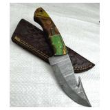 Damascus Steel Fixed Gut Hook Knife w/ Sheath