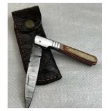 Damascus Steel Folding Blade Knife w/ Sheath