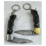 (2) Damascus Steel Folding Blade Knife Keychains