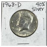 1968-D JFK 40% Silver Half Dollar, US 50c