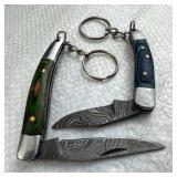 (2) Damascus Steel Folding Blade Keychain Knife