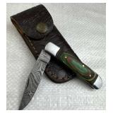 Damascus Steel Folding Blade Knife w/ Sheath