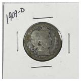 1909-D Barber Silver Quarter, US 25c Coin