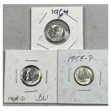 (3) 1954-64 Silver Roosevelt Dimes, US 90%