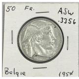 1954 Belgium Silver 50 Francs Coin (0.3356 ASW)