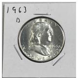 1963-D Franklin BU Silver Half Dollar, US 90%