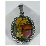 925 Silver Taxco Dried Pressed Flower Pendant