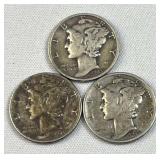 (3) 1945-P&S Silver Mercury Dimes, WWII 90%