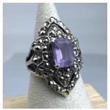 925 Silver Victorian Amethyst & Marcasite Ring