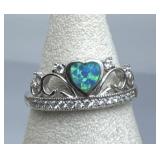 925 Silver Opal Heart Tiara Crown Promise Ring