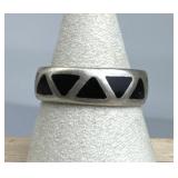 925 Silver Vtg Native American Onyx Inlaid Band Ri