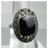 925 Silver Vtg  Art Deco Black Tourmaline Ring