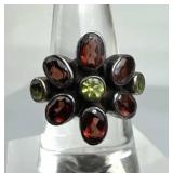 925 Silver Garnet & Peridot Flower Ring