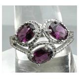 925 Silver 3-Stone Raspberry Rhodolite Garnet Ring